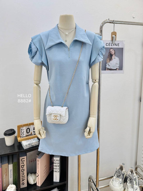 Zipper Collar Down Rose Decor Short Sleeves Mini Dress